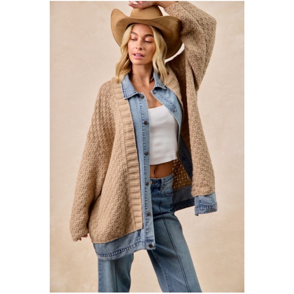 Bibi Khaki Chunky Cable Knit Denim Mix Snap button Oversized Sweater Cardigan - Picture 6 of 7